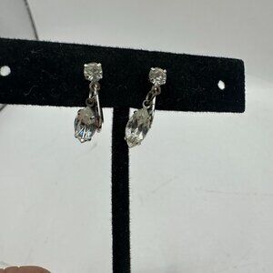 Vintage Clip-On Rhinestone Earrings Silver Tone Oval Dangle Costume Jewelry
